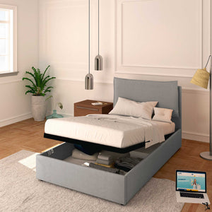 Letto contenitore una piazza e mezza in tessuto ignifugo sfoderabile Monet