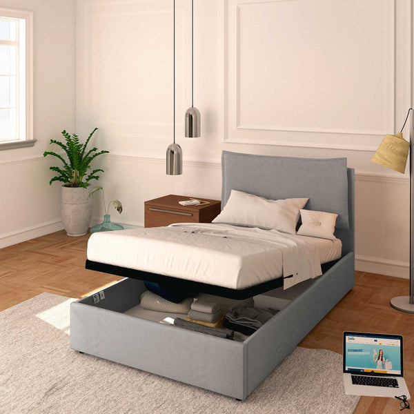 Letto contenitore una piazza e mezza in tessuto ignifugo sfoderabile Monet