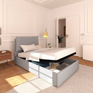 Letto contenitore una piazza e mezza in tessuto ignifugo sfoderabile Monet