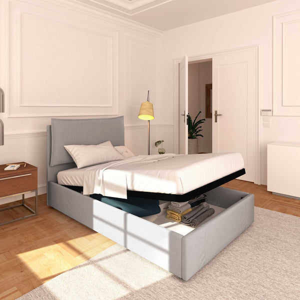 Letto contenitore una piazza e mezza in tessuto ignifugo sfoderabile Monet