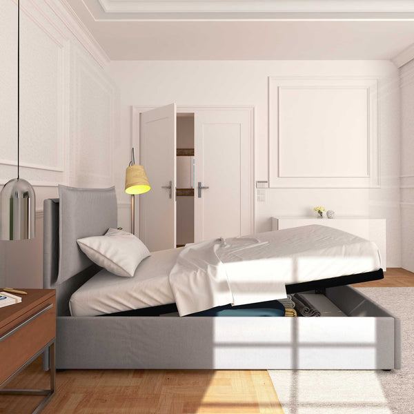 Letto contenitore una piazza e mezza in tessuto ignifugo sfoderabile Monet