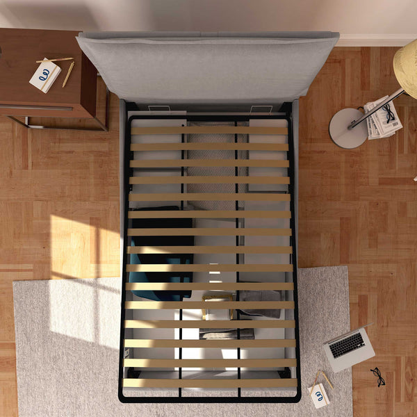 Letto contenitore una piazza e mezza in tessuto ignifugo sfoderabile Monet