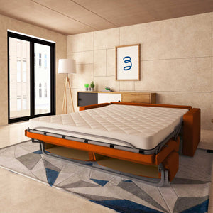 baldiflex divano letto tony in tessuto narancione da destra aperto