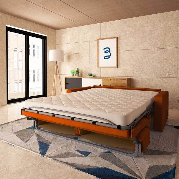 baldiflex divano letto tony in tessuto narancione da destra aperto