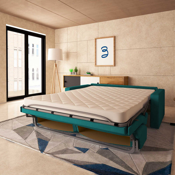 baldiflex divano letto tony in tessuto turchese da destra aperto