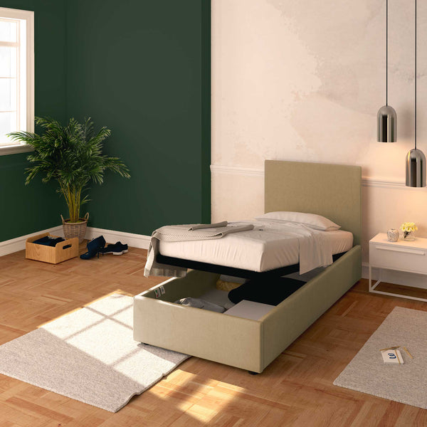 Baldiflex letto contenitore singolo in tessuto sfoderabile Rossano cammello da destra