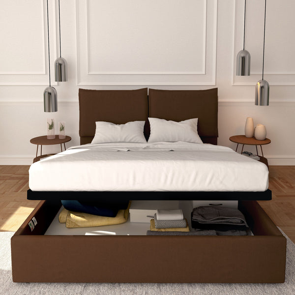 Baldiflex letto contenitore king size in tessuto sfoderabile Licia marrone