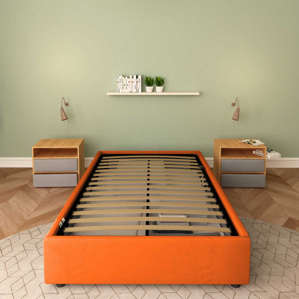 Baldiflex letto contenitore piazza e mezza senza testata in tessuto Cloe arancione fronte senza materasso