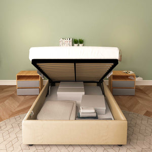 Baldiflex letto contenitore piazza e mezza senza testata in tessuto Cloe cammello fronte con rete alzata