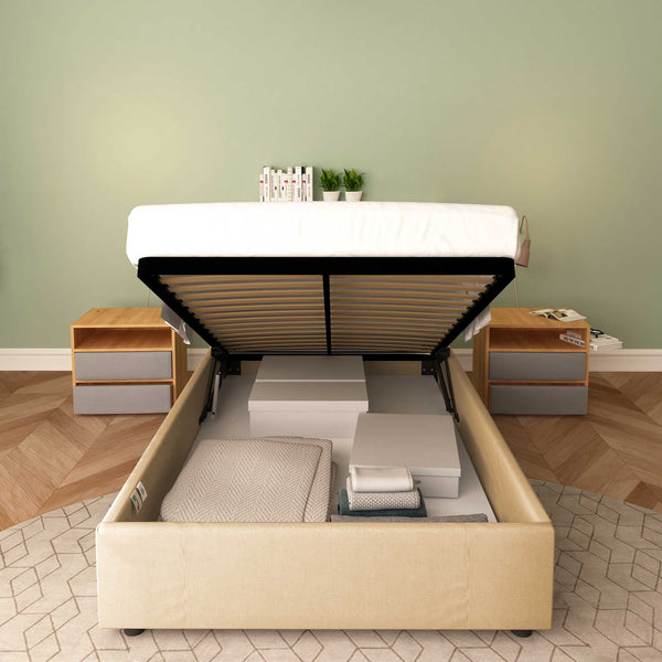 Baldiflex letto contenitore piazza e mezza senza testata in tessuto Cloe cammello fronte con rete alzata