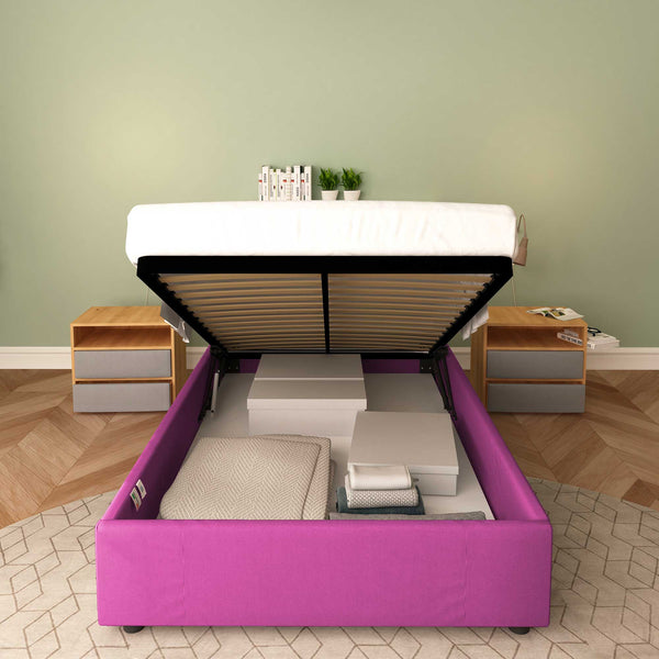 Baldiflex letto contenitore piazza e mezza senza testata in tessuto Cloe fucsia fronte rete alzata