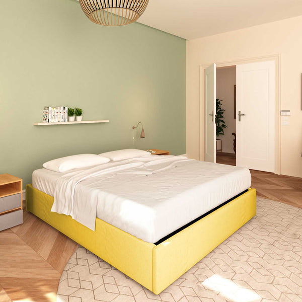 Baldiflex letto contenitore piazza e mezza senza testata in tessuto Cloe giallo senape da sinistra