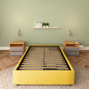 Baldiflex letto contenitore piazza e mezza senza testata in tessuto Cloe giallo senape fronte