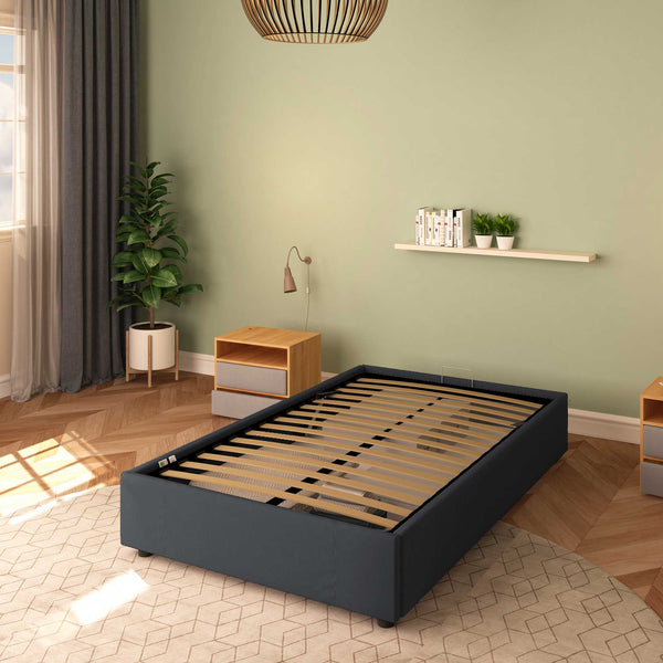 Baldiflex letto contenitore piazza e mezza senza testata in tessuto Cloe grigio grafite da destra