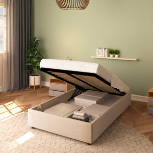 Baldiflex letto contenitore piazza e mezza senza testata in tessuto Cloe grigio talpa da destra