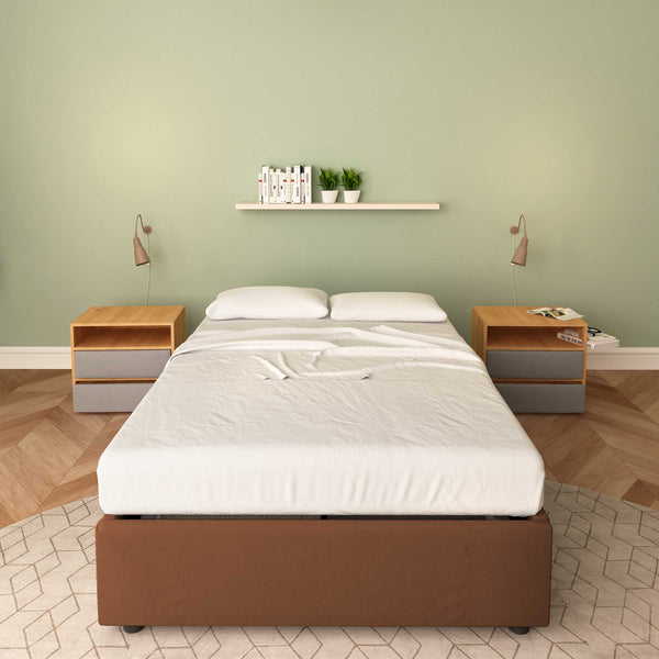 Baldiflex letto contenitore piazza e mezza senza testata in tessuto Cloe marrone fronte con materasso