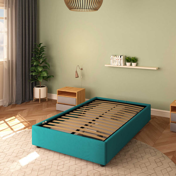 Baldiflex letto contenitore piazza e mezza senza testata in tessuto Cloe turchese da destra