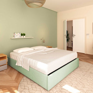 Baldiflex letto contenitore piazza e mezza senza testata in tessuto Cloe verde menta da sinistra