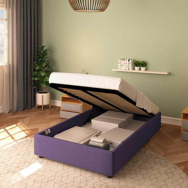 Baldiflex letto contenitore piazza e mezza senza testata in tessuto Cloe viola da destra rete alzata