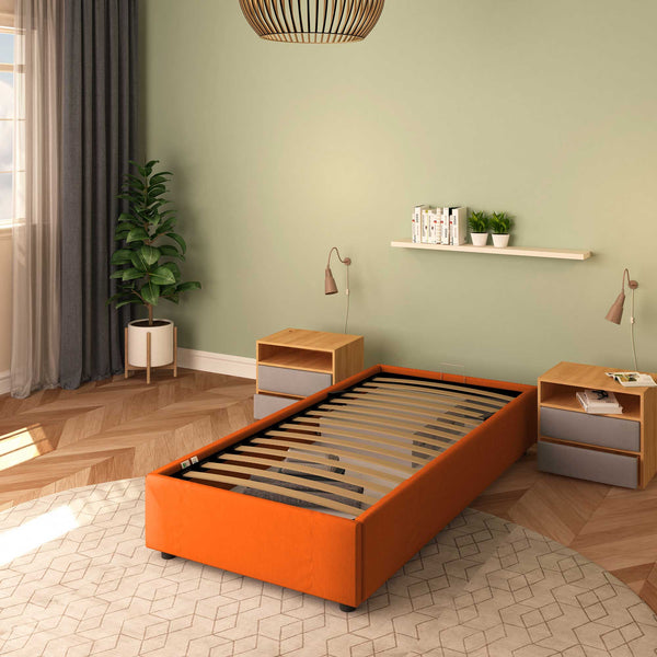 Baldiflex letto contenitore singolo senza testata in tessuto Cloe arancione da sinistra senza rete
