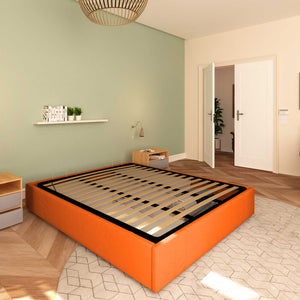 Baldiflex letto contenitore king size queen size senza testata in tessuto Cloe arancione da sinistra