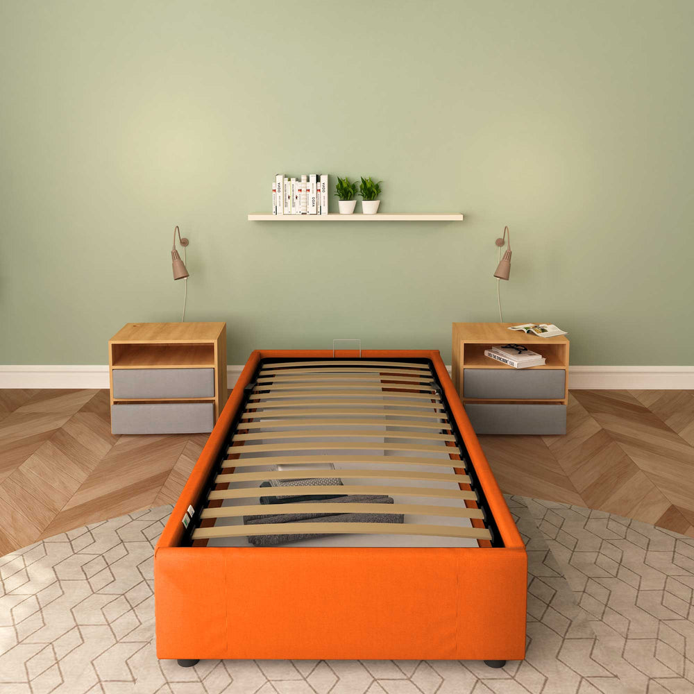 Baldiflex letto contenitore singolo senza testata in tessuto Cloe arancione
