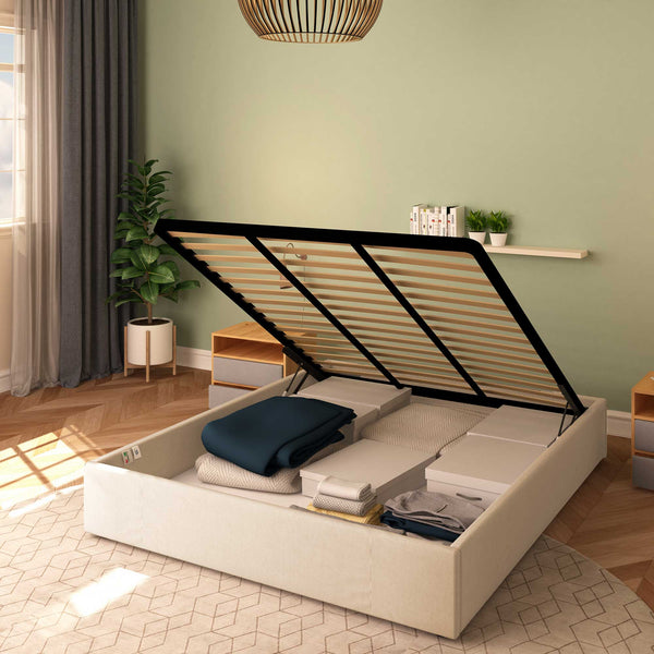 Baldiflex letto contenitore king size queen size senza testata in tessuto Cloe beige da destra con rete alzata