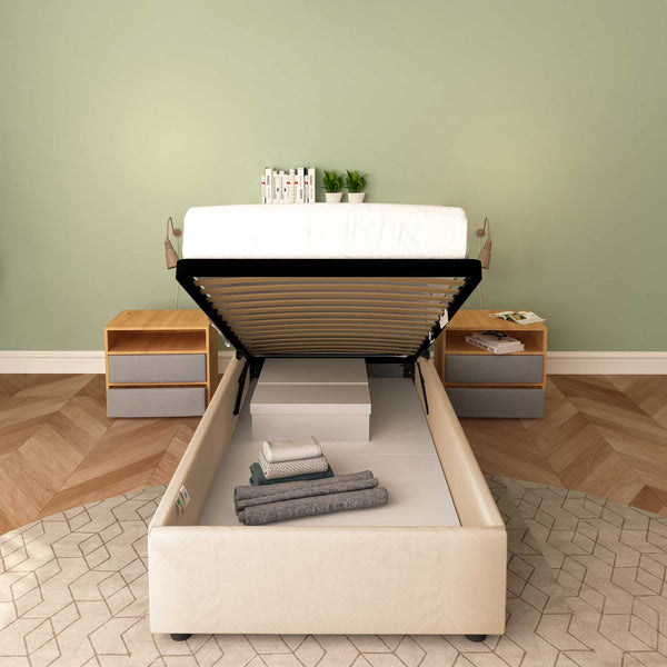 Baldiflex letto contenitore singolo senza testata in tessuto Cloe beige fronte con materasso