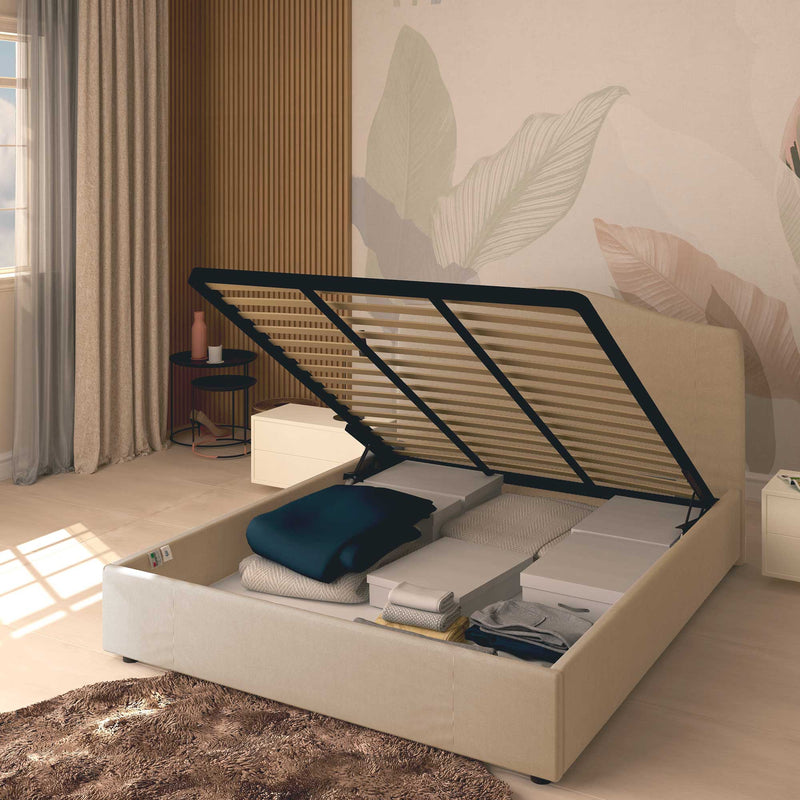 Queen size storage bed in Vittoria fabric