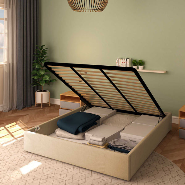 Baldiflex letto contenitore king size queen size senza testata in tessuto Cloe cammello da destra con rete alzata