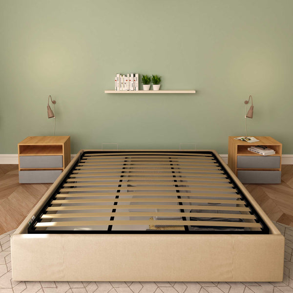 Baldiflex letto contenitore king size queen size senza testata in tessuto Cloe cammello fronte