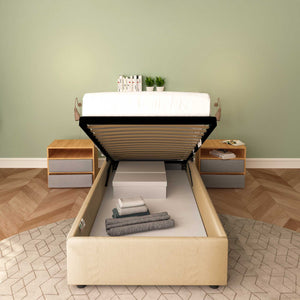 Baldiflex letto contenitore singolo senza testata in tessuto Cloe cammello fronte con materasso rete alzata