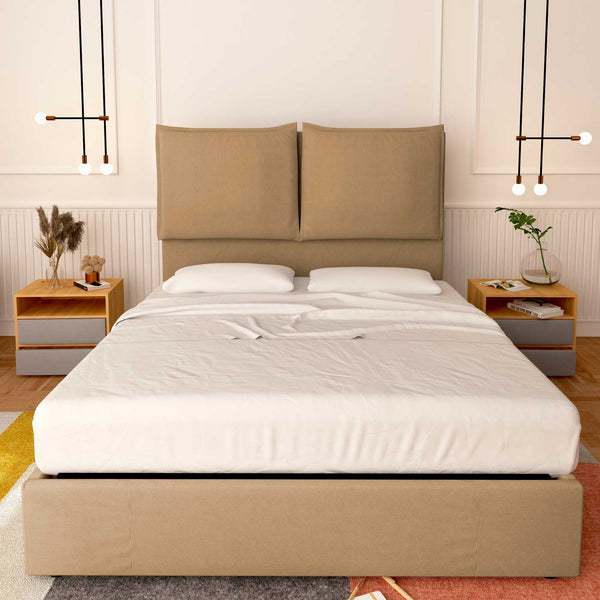 Baldiflex letto contenitore piazza e mezza in tessuto Licia XL cammello fronte