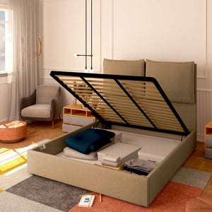 Baldiflex letto contenitore piazza e mezza in tessuto Licia XL cammello