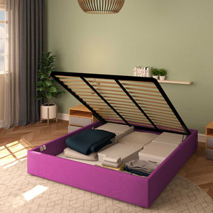Baldiflex letto contenitore king size queen size senza testata in tessuto Cloe fucsia da destra con rete alzata