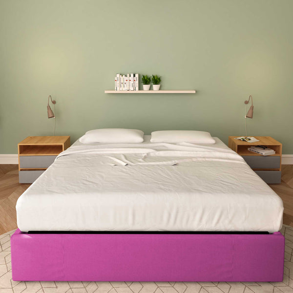 Baldiflex letto contenitore king size queen size senza testata in tessuto Cloe fucsia fronte con materasso