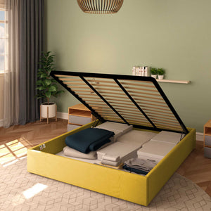 Baldiflex letto contenitore king size queen size senza testata in tessuto Cloe giallo senape da destra con rete alzata