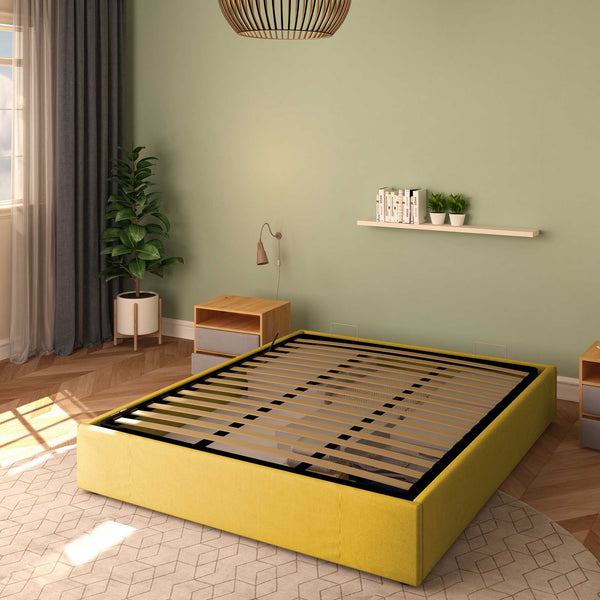 Baldiflex letto contenitore king size queen size senza testata in tessuto Cloe giallo senape da destra