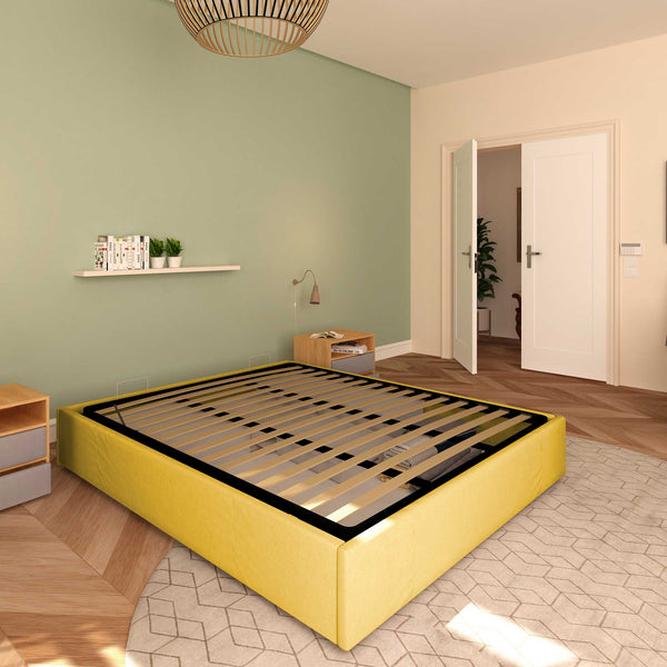 Baldiflex letto contenitore king size queen size senza testata in tessuto Cloe giallo senape da sinistra