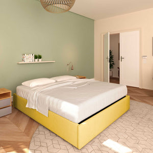 Baldiflex letto contenitore matrimoniale senza testata in tessuto Cloe giallo senape da sinistra con materasso