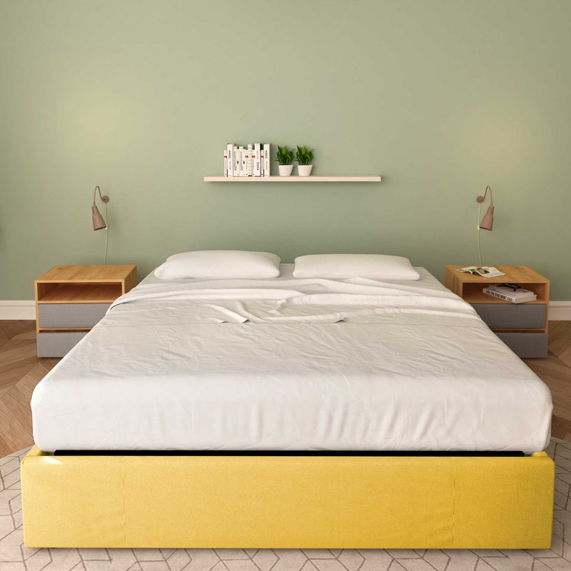 Baldiflex letto contenitore king size queen size senza testata in tessuto Cloe giallo senape fronte con materasso