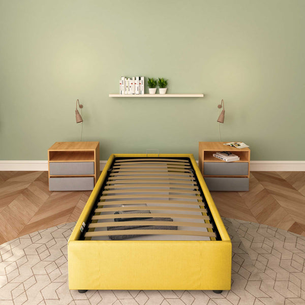 Baldiflex letto contenitore singolo senza testata in tessuto Cloe giallo senape fronte