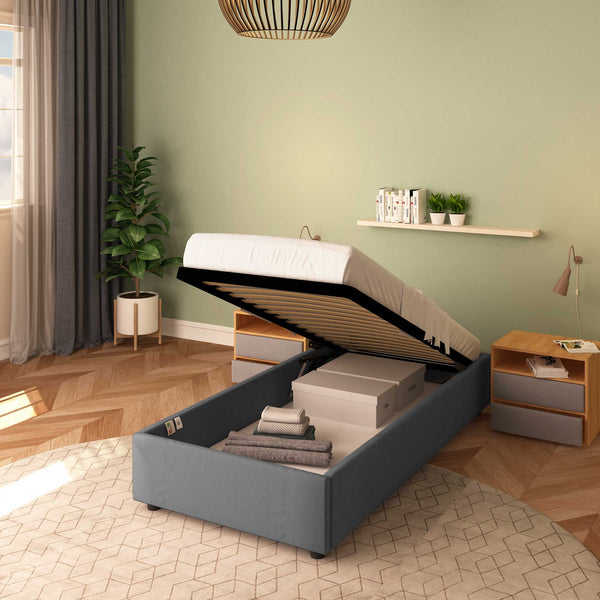 Baldiflex letto contenitore singolo senza testata in tessuto Cloe grigio antracite da destra rete alzata