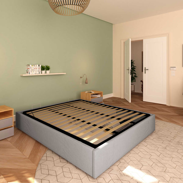 Baldiflex letto contenitore king size queen size senza testata in tessuto Cloe grigio da sinistra