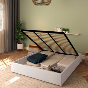 Baldiflex letto contenitore matrimoniale senza testata in tessuto Cloe grigio chiaro da destra con rete alzata