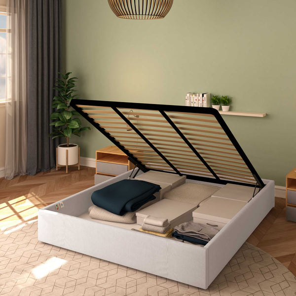 Baldiflex letto contenitore matrimoniale senza testata in tessuto Cloe grigio chiaro da destra con rete alzata