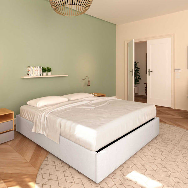 Baldiflex letto contenitore king size queen size senza testata in tessuto Cloe grigio chiaro da sinistra con materasso