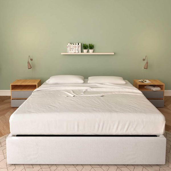 Baldiflex letto contenitore matrimoniale senza testata in tessuto Cloe grigio chiaro fronte con materasso