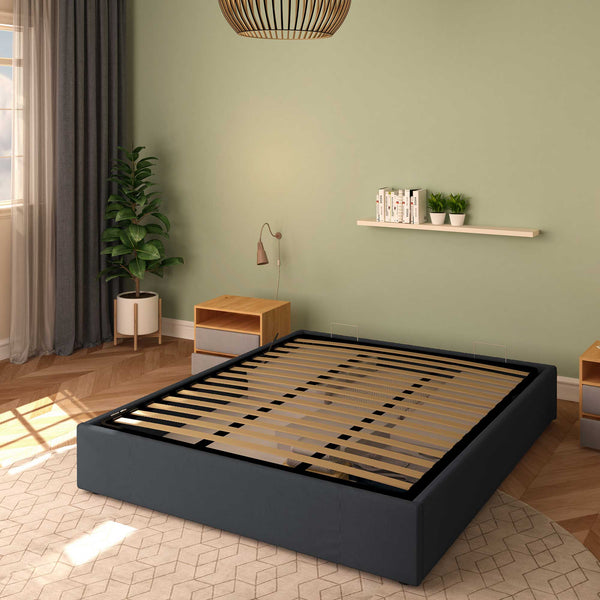 Baldiflex letto contenitore king size queen size senza testata in tessuto Cloe grigio grafite da destra