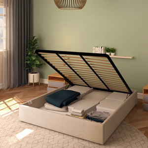 Baldiflex letto contenitore king size queen size senza testata in tessuto Cloe grigio talpa da destra con rete alzata